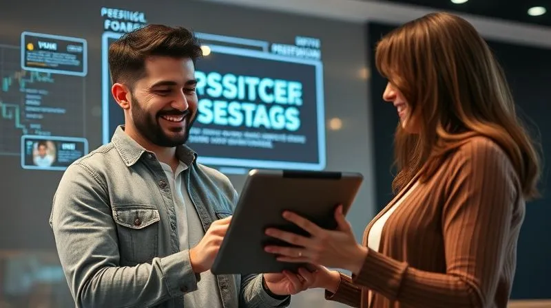 A photorealistic image of a freelancer, confidently presenting their portfolio on a tablet to a smiling client, surrounded by positive digital feedback on a holographic screen in the background, cinematic lighting, 8K, sharp focus, depth of field.