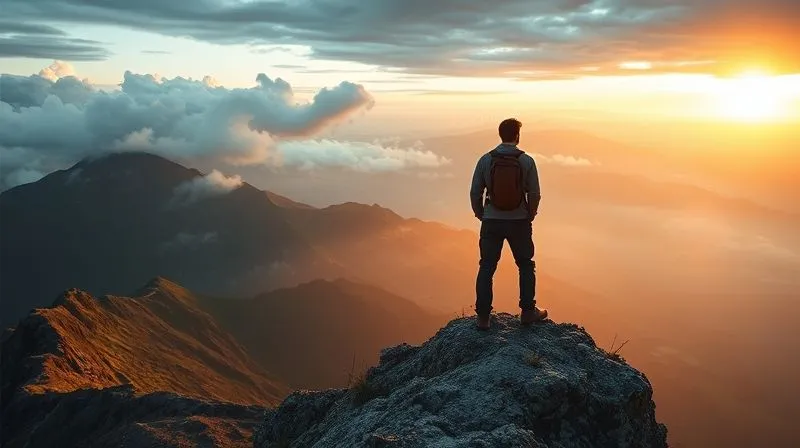 A photorealistic image of a freelancer, standing tall and confident on a mountain peak, overlooking a serene digital landscape, after navigating a storm. The sun is rising, casting warm, cinematic light. Sharp focus on the freelancer, depth of field blurring the background, 8K hyper-detailed, professional photography, shot on a high-end DSLR.