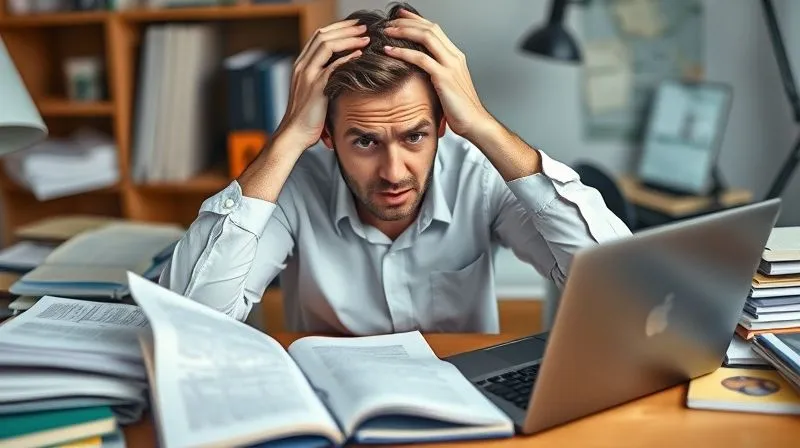 A photorealistic, professional photography, 8K, cinematic lighting, sharp focus, depth of field, shot on a high-end DSLR, of a busy freelancer looking overwhelmed at a desk cluttered with multiple open notebooks, a laptop with numerous tabs, and a smartphone buzzing. Their expression is stressed, hands on their head, conveying the feeling of being pulled in too many directions by multitasking. The background is slightly blurred to emphasize their struggle.