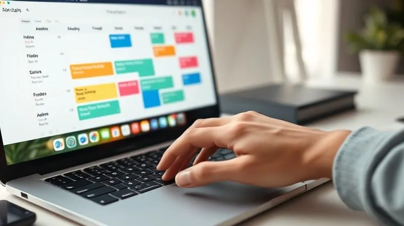 A photorealistic, professional photography, 8K, cinematic lighting, sharp focus, depth of field, shot on a high-end DSLR, of a desk with a clean, minimalist aesthetic. A laptop screen displays a calendar with clearly defined color-coded blocks for different tasks (e.g., 'Deep Work', 'Client Calls', 'Admin'). A focused, calm hand is gently touching the trackpad, indicating organized work. Soft, natural light illuminates the scene, suggesting clarity and efficiency.