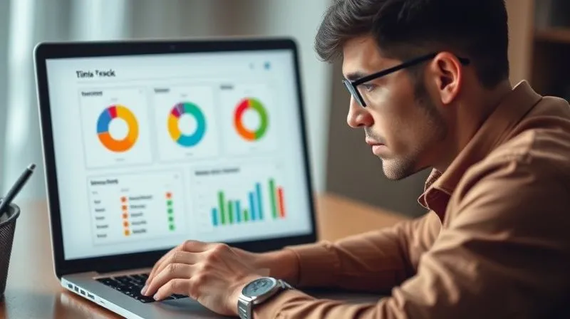 A photorealistic, professional photography, 8K, cinematic lighting, sharp focus, depth of field, shot on a high-end DSLR, of a freelancer thoughtfully reviewing a digital dashboard on a laptop. The screen displays a colorful, insightful time tracking report with pie charts and bar graphs showing time allocation. The freelancer's expression is contemplative and determined, perhaps with a pen in hand, ready to make notes for improvement. The scene is well-lit, suggesting clarity and insight.