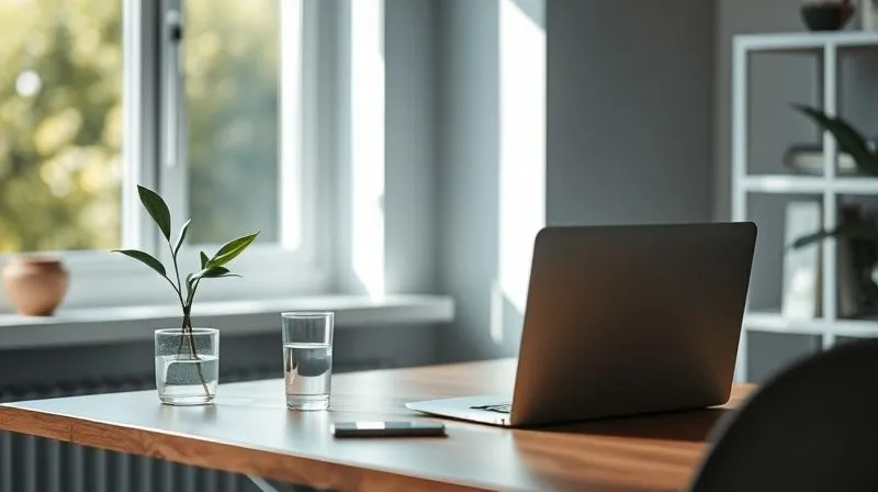 A photorealistic, professional photography, 8K, cinematic lighting, sharp focus, depth of field, shot on a high-end DSLR, of a serene and highly organized home office space. The desk is minimalist with only essential items: a laptop, a single plant, and a clear glass of water. Natural light streams in through a window, illuminating the calm atmosphere. The freelancer is not visible, emphasizing the environment itself as a tool for focus and productivity. No distractions are present.