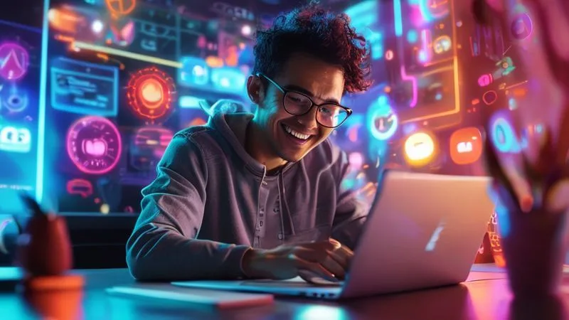 A photorealistic image of a person happily completing an online course on a laptop, with a progress bar clearly showing 100% completion, surrounded by vibrant digital elements representing learning and achievement, cinematic lighting, sharp focus, 8K hyper-detailed, professional photography, shot on a high-end DSLR.