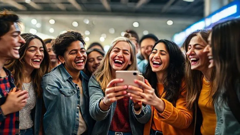 A photorealistic, professional photography, 8K, cinematic lighting, sharp focus, depth of field, shot on a high-end DSLR, showing a diverse group of young adults, laughing and interacting naturally with a smartphone, simulating a viral TikTok trend. The scene is vibrant and energetic, with dynamic motion blur indicating movement, capturing the essence of authentic user-generated content.