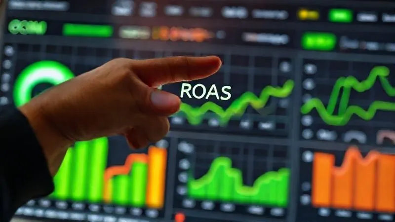 A photorealistic, professional photography, 8K, cinematic lighting, sharp focus, depth of field, shot on a high-end DSLR, of a detailed digital dashboard displaying various marketing metrics like CPM, CPC, CTR, CVR, and ROAS. The graphs show positive trends, with key performance indicators highlighted in green, suggesting successful campaign optimization. A hand points to the ROAS metric, emphasizing its importance.