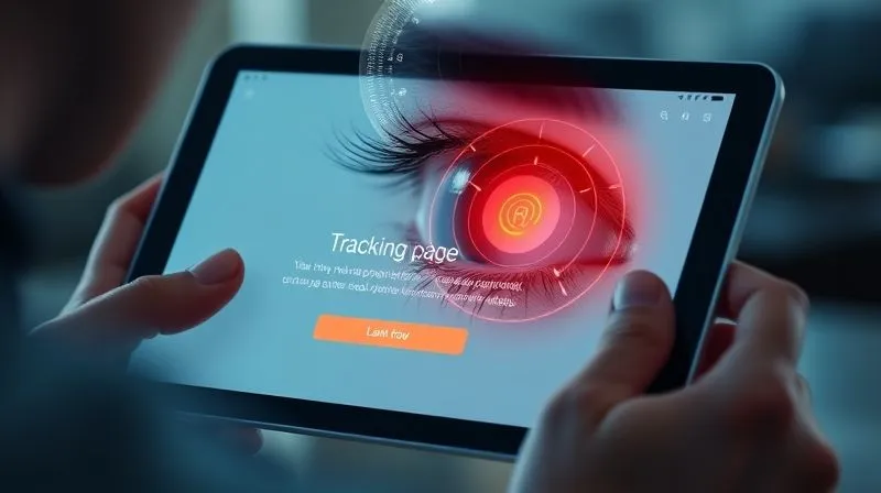 A photorealistic image of a user's eye tracking a landing page on a tablet, with subtle heat map overlays showing focus points. The design is clean and professional, with a prominent call-to-action button. Cinematic lighting, sharp focus on the tablet and eye, depth of field blurring the background, 8K hyper-detailed.