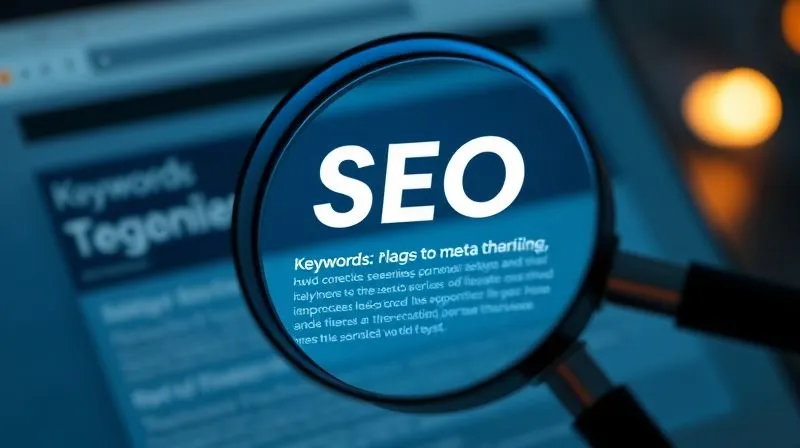 A photorealistic image of a digital magnifying glass hovering over a landing page, highlighting SEO elements like keywords, meta descriptions, and alt text, with a subtle glow around them. Cinematic lighting, sharp focus on the magnifying glass and page, depth of field blurring the background, 8K hyper-detailed.