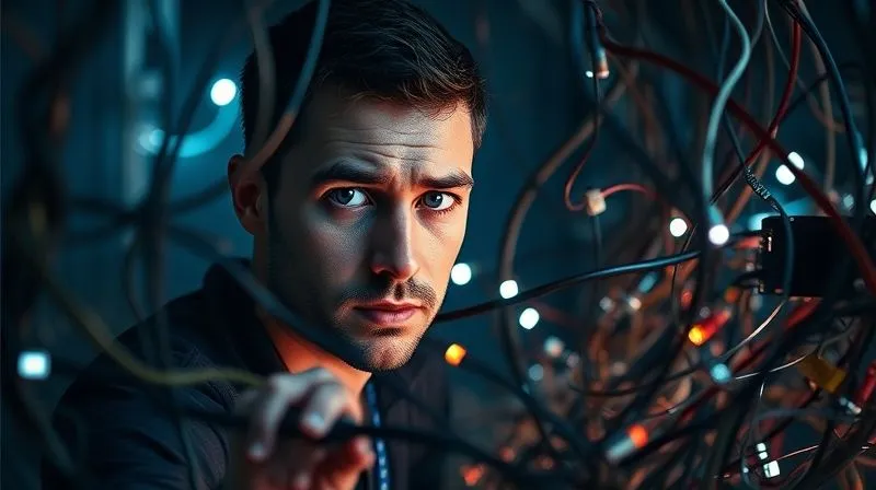 A photorealistic image of a freelancer looking frustrated at a tangled web of wires and broken digital components, symbolizing common landing page errors. The scene is lit with dramatic, cinematic lighting, emphasizing the challenge. Sharp focus on the freelancer and the tangled mess, depth of field blurring the background, 8K hyper-detailed.