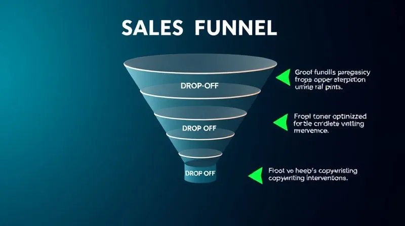 A photorealistic infographic showing a sales funnel with red arrows indicating drop-off points, overlaid with green arrows representing optimized copywriting interventions. The funnel is visually clear, professional photography, 8K, cinematic lighting, sharp focus, depth of field, shot on a high-end DSLR.