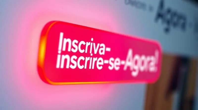 A close-up photorealistic image of a vibrant, glowing "Call to Action" button on a clean, modern website. The button reads "Inscreva-se Agora!" with subtle motion blur suggesting urgency. Cinematic lighting, sharp focus, depth of field, 8K hyper-detailed, professional photography, shot on a high-end DSLR.
