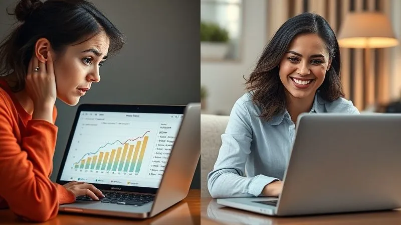 A photorealistic split image: one side shows a worried woman looking at a low sales chart on a laptop, representing the "before" of the case study. The other side shows the same woman smiling confidently, looking at a laptop displaying a high sales chart, representing the "after." Cinematic lighting, sharp focus, 8K, depth of field, professional photography, shot on a high-end DSLR.