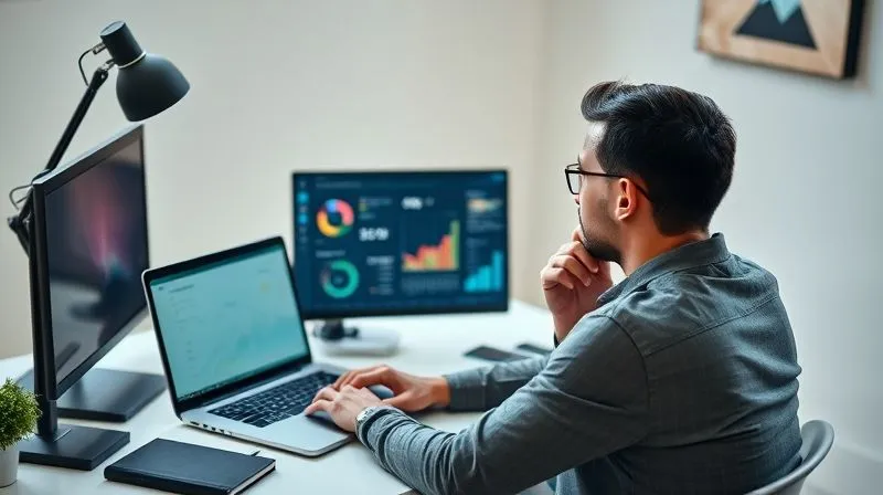 A photorealistic image of a freelancer, male or female, sitting at a modern desk, intensely analyzing a dashboard on a laptop screen with various charts and graphs showing team productivity metrics. The background is a clean, minimalist home office. Cinematic lighting, sharp focus on the screen and the freelancer's thoughtful expression, depth of field. Professional photography, 8K hyper-detailed, shot on a high-end DSLR.