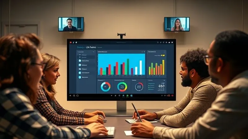 A photorealistic image of a diverse remote team (visible in video call frames on screens) collaboratively working on a project. A central screen displays a shared dashboard with clear, bold OKR (Objectives and Key Results) progress bars and charts. Cinematic lighting, sharp focus on the dashboard and the engaged faces, depth of field. Professional photography, 8K hyper-detailed, shot on a high-end DSLR.