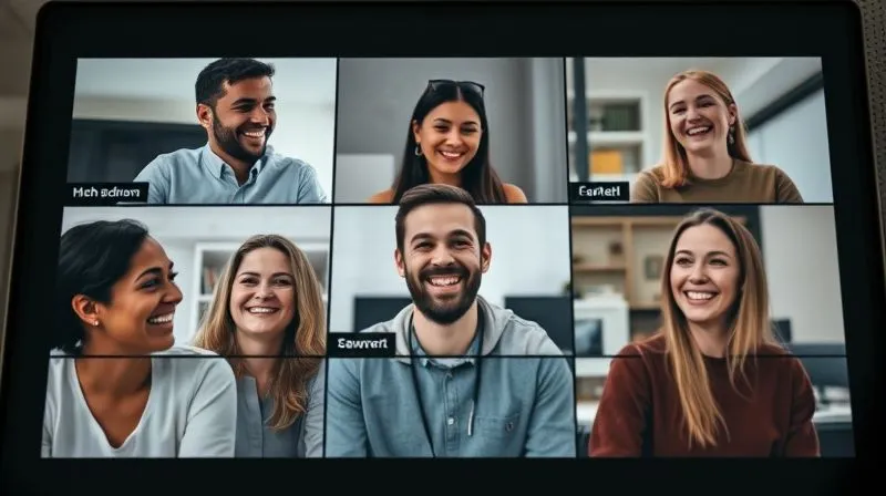 A photorealistic image showing a diverse group of remote team members, each in their individual video call window, smiling and laughing during a virtual team-building activity or informal chat. The atmosphere is light and collaborative. Cinematic lighting, sharp focus on the faces, depth of field. Professional photography, 8K hyper-detailed, shot on a high-end DSLR.
