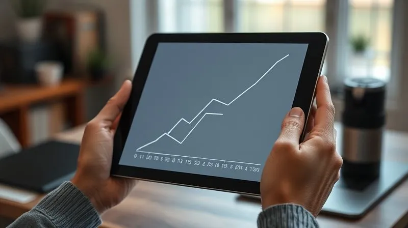 A photorealistic image of a line graph trending upwards, symbolizing increased productivity and efficiency, displayed on a sleek, modern tablet screen held by hands that are clearly part of a remote workspace. The background is slightly blurred with elements of a home office. Cinematic lighting, sharp focus on the graph, depth of field. Professional photography, 8K hyper-detailed, shot on a high-end DSLR.