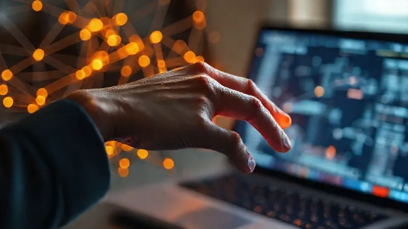 A photorealistic image of a freelancer's hand interacting with a glowing, intricate network of digital automation flows, representing Zapier or Make. Cinematic lighting, sharp focus on the hand and glowing lines, depth of field blurring a laptop screen in the background. The scene suggests effortless efficiency.