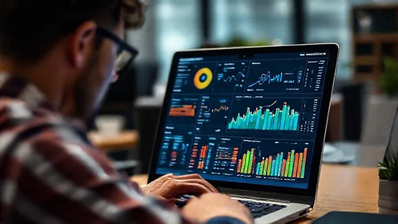 A photorealistic image of a freelancer analyzing a detailed dashboard with various colorful charts and graphs on a laptop screen, showing productivity metrics and time allocation. Cinematic lighting, sharp focus on the data, depth of field blurring the background office. The scene conveys deep analysis and strategic decision-making.