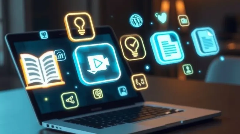 Photorealistic image of a diverse array of glowing digital product icons (e.g., an open e-book, a play button for a course, a software icon, a template document) floating gracefully above a freelancer's laptop, symbolizing passive income and diversification. Cinematic lighting, sharp focus on the icons, depth of field blurring the background. 8K hyper-detailed, professional photography, shot on a high-end DSLR.