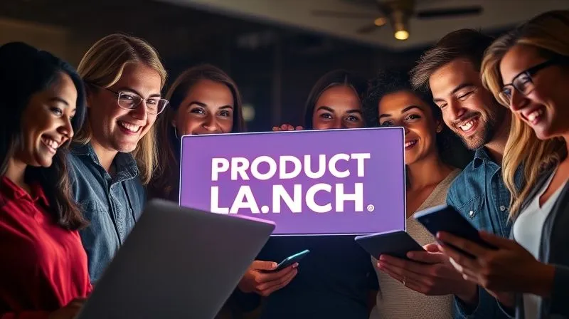 Photorealistic image of a diverse group of people from different backgrounds, smiling and looking at glowing digital screens (laptops, tablets, smartphones) displaying a product launch announcement. They appear excited and engaged, with subtle digital lines connecting them, symbolizing a successful marketing campaign. Cinematic lighting, sharp focus on the faces and screens, depth of field. 8K hyper-detailed, professional photography, shot on a high-end DSLR.