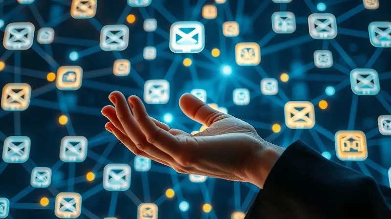 Photorealistic image of a complex but organized network of glowing digital lines connecting various icons representing automation tools (e.g., email icon, payment gateway icon, cloud storage icon, analytics dashboard icon). A single hand, symbolizing the freelancer, hovers over a central control panel, overseeing the automated flow. Cinematic lighting, sharp focus on the network, depth of field. 8K hyper-detailed, professional photography, shot on a high-end DSLR.