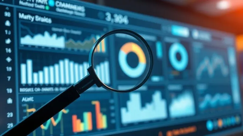 Photorealistic image of a stylized, glowing dashboard displaying various data visualizations (bar charts, line graphs, pie charts) in a clean, minimalist interface. A magnifying glass hovers over a specific metric, indicating meticulous analysis. The background is a slightly blurred, futuristic digital landscape. Cinematic lighting, sharp focus on the dashboard, depth of field. 8K hyper-detailed, professional photography, shot on a high-end DSLR.