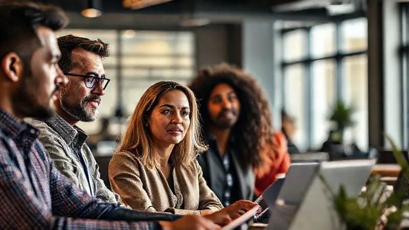 A photorealistic image of a diverse group of business owners, male and female, from different age groups and ethnicities, looking thoughtful and engaged in a modern co-working space, discussing their business challenges. Cinematic lighting, sharp focus on their expressions, depth of field blurring the background, 8K hyper-detailed, shot on a high-end DSLR.