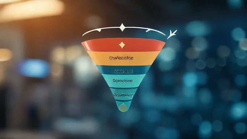 A photorealistic image illustrating a digital marketing funnel, with arrows showing users entering at the top (awareness), moving down to consideration, and then a loop (remarketing) bringing back those who exited before conversion, leading them to the final conversion stage. Cinematic lighting, sharp focus on the funnel stages, depth of field blurring the background, 8K hyper-detailed, shot on a high-end DSLR.