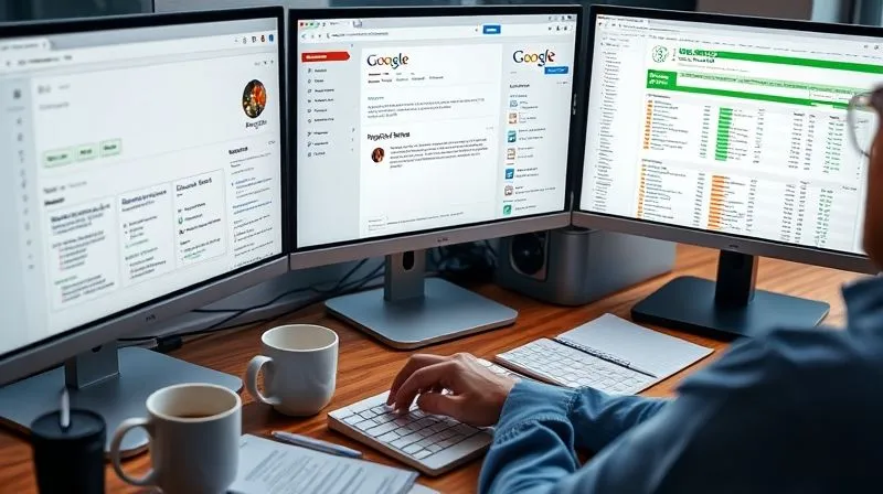 A photorealistic image of a freelance SEO specialist's desk, with multiple screens displaying Google Search Console, Screaming Frog, and Lighthouse reports. The specialist is pointing at a critical error on one screen, surrounded by coffee cups and notes. Cinematic lighting, sharp focus on the screens and hand, depth of field blurring the background, 8K hyper-detailed, professional photography, shot on a high-end DSLR.