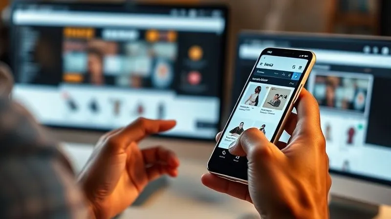 A photorealistic image of a person smoothly navigating an e-commerce website on a smartphone, with products clearly displayed and an easy-to-use interface. The phone screen is brightly lit, showing a clean, modern design. In the background, a blurred desktop monitor shows the same website, demonstrating responsive design. Cinematic lighting, sharp focus on the phone and user's hands, depth of field, 8K hyper-detailed, professional photography.