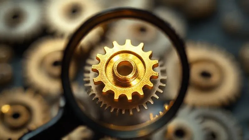 A photorealistic image of a magnifying glass sharply focusing on a single, glowing golden gear amidst many blurred, generic gears, symbolizing the power of niche specialization in a competitive market. Cinematic lighting, 8K hyper-detailed, depth of field.