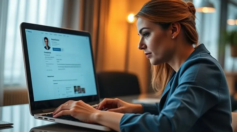 A photorealistic image of a professional woman updating her LinkedIn profile on a laptop, a warm glow from the screen on her face, reflecting determination and focus. The screen displays a well-structured profile with a professional photo and glowing recommendations. Cinematic lighting, sharp focus, depth of field. 8K hyper-detailed, professional photography, shot on a high-end DSLR.
