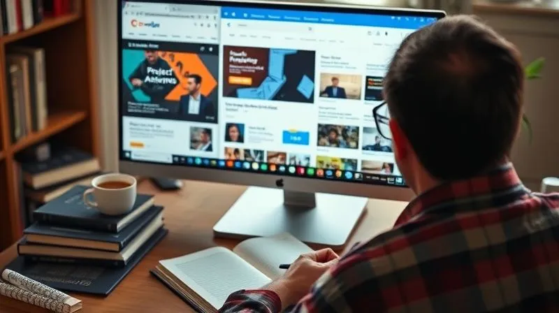 A photorealistic image of a person studying online, perhaps a former freelancer, with multiple browser tabs open on a screen displaying different online courses (e.g., project management, data analytics). The person is focused, taking notes, surrounded by books and a cup of coffee. Cinematic lighting, sharp focus on the person and screen, depth of field. 8K hyper-detailed, professional photography, shot on a high-end DSLR.