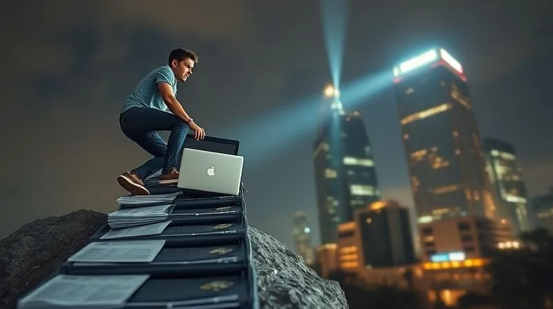 A photorealistic image of a person climbing a metaphorical ladder made of resume papers and laptops, reaching towards a brightly lit corporate building in the distance. The person's expression shows determination and resilience, with rays of cinematic light highlighting their path. Sharp focus, depth of field, 8K hyper-detailed, professional photography, shot on a high-end DSLR.