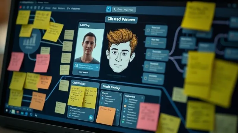 A photorealistic image of a detailed client persona profile on a digital screen, with sticky notes and mind maps around it, indicating deep research and understanding. Cinematic lighting, sharp focus on the profile, depth of field, 8K, professional photography, shot on a high-end DSLR.