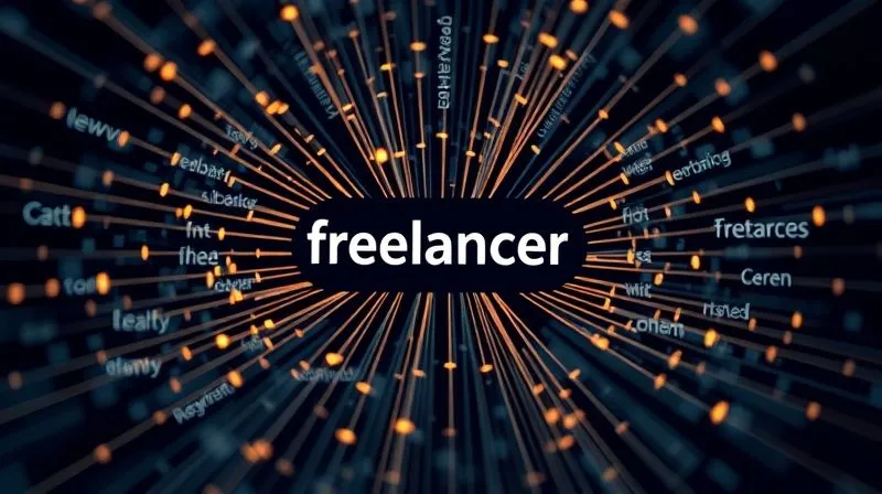 A photorealistic image of a complex web of interconnected keywords and content ideas surrounding a central "freelancer" node, resembling a digital mind map. The lines glow with data flow. Cinematic lighting, sharp focus, depth of field, 8K, professional photography, shot on a high-end DSLR.