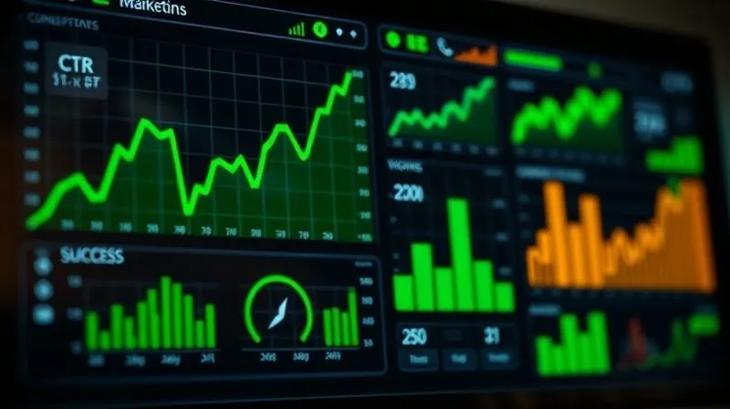 A photorealistic image of a highly detailed digital dashboard displaying various marketing metrics (CTR, conversions, ROI) with green upward trends. The data points are glowing, indicating success. Cinematic lighting, sharp focus on the dashboard, depth of field, 8K, professional photography, shot on a high-end DSLR.