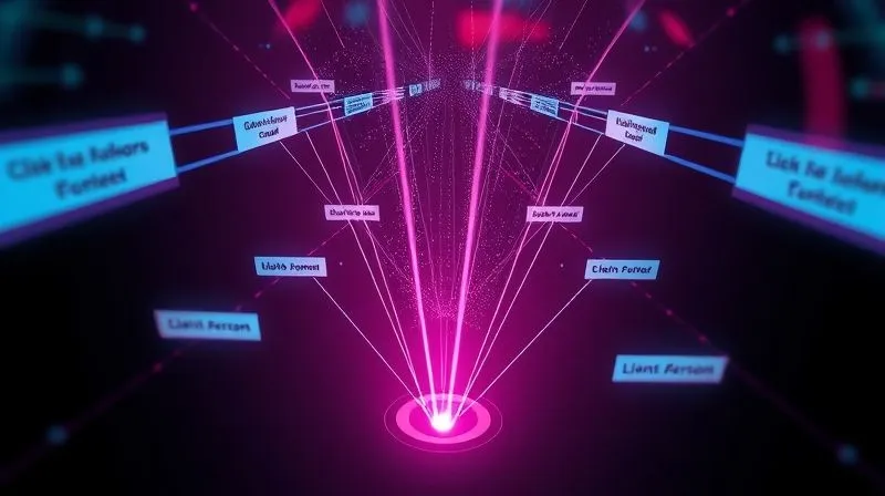 A photorealistic image of a digital funnel, with segmented streams of light flowing into different chambers, each labeled with a client persona. The light streams are distinct and targeted. Cinematic lighting, sharp focus on the funnel, depth of field, 8K, professional photography, shot on a high-end DSLR.