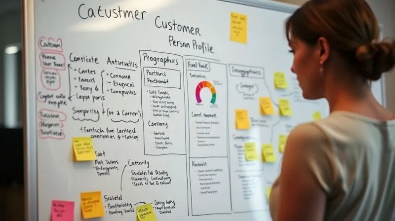 A professional female freelancer, mid-30s, focused intently on a digital whiteboard displaying a detailed customer persona profile with various data points like demographics, psychographics, and pain points, surrounded by sticky notes and mind maps. Photorealistic, professional photography, 8K, cinematic lighting, sharp focus, depth of field, shot on a high-end DSLR.