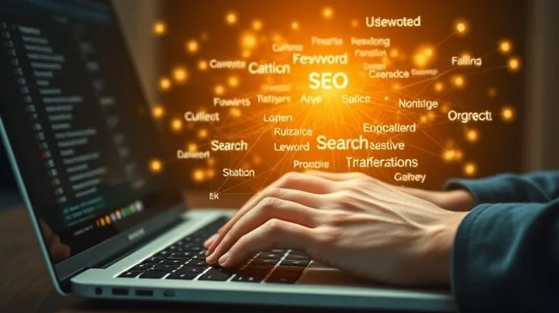A photorealistic image of a freelancer's hand typing on a laptop keyboard, with a glowing, intricate web of interconnected keywords and search queries projected above the screen, representing organic search traffic and SEO strategy. Professional photography, 8K, cinematic lighting, sharp focus on the hands and the holographic projection, depth of field blurring the background, shot on a high-end DSLR.
