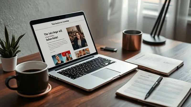 A photorealistic image of a freelancer's desk with a laptop open, displaying a blog post with compelling headlines and relevant images. A cup of coffee and a notebook with content ideas are beside it. The overall mood is creative and focused. Professional photography, 8K, cinematic lighting, sharp focus on the screen and notebook, depth of field blurring the background, shot on a high-end DSLR.