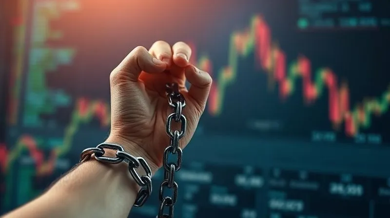 A photorealistic image of a freelancer's hand breaking free from a chain made of digital code, symbolizing freedom from the hourly work cycle. The background is a blurred, dynamic financial graph. Cinematic lighting, sharp focus on the hand and chain, depth of field. 8K hyper-detailed, professional photography, shot on a high-end DSLR.