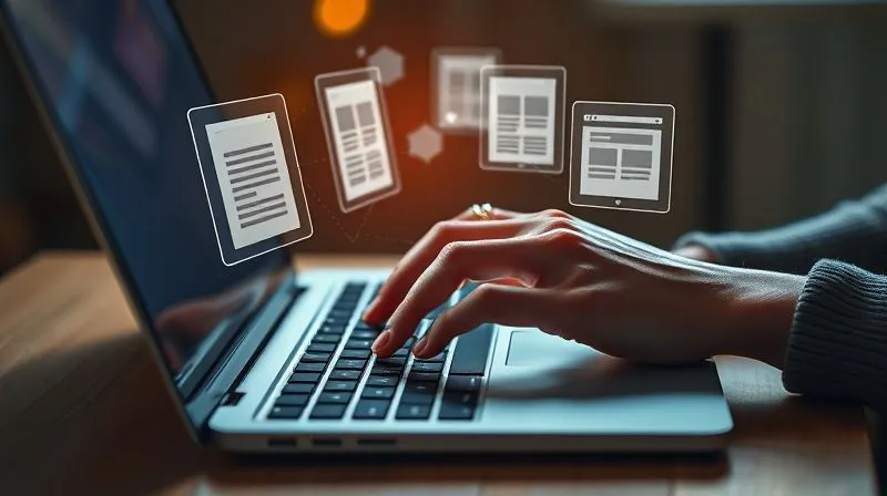 A photorealistic image of a freelancer's hands typing on a laptop, with various digital products (e-book cover, online course interface, template design) floating as holographic projections above the screen. Cinematic lighting, sharp focus on the hands and projections, depth of field. 8K hyper-detailed, professional photography, shot on a high-end DSLR.
