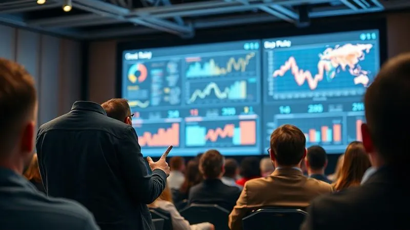 A photorealistic image of a person confidently presenting complex data on a large screen at a professional industry conference, with a diverse and engaged audience. The presenter is sharply focused, with cinematic lighting highlighting their presence. Depth of field blurs the audience slightly, emphasizing the speaker's authority. 8K hyper-detailed, shot on a high-end DSLR.