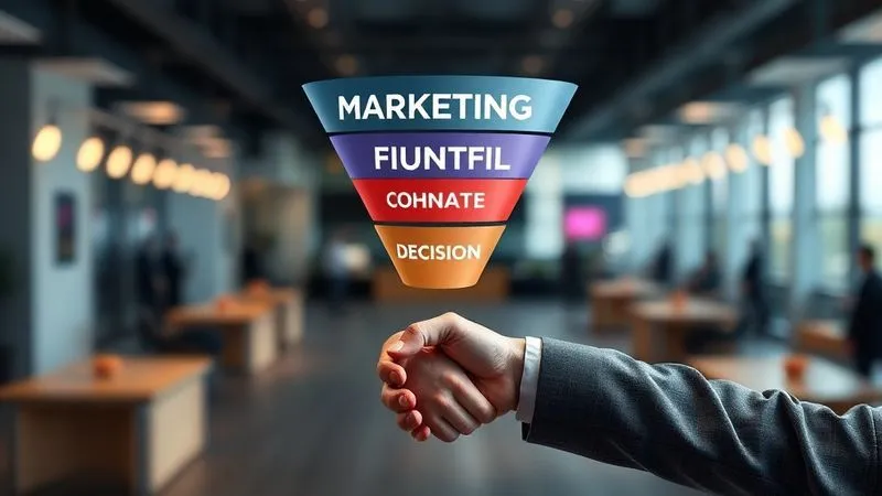 A photorealistic and clean visual representation of a marketing funnel, with organic traffic flowing smoothly from the top (awareness) through the middle (consideration) to the bottom (decision), where a handshake symbolizes a premium client conversion. The design is sleek, modern, and professional, with subtle light effects highlighting the flow. Cinematic lighting, sharp focus on the funnel structure, depth of field blurring the background, 8K hyper-detailed, shot on a high-end DSLR.