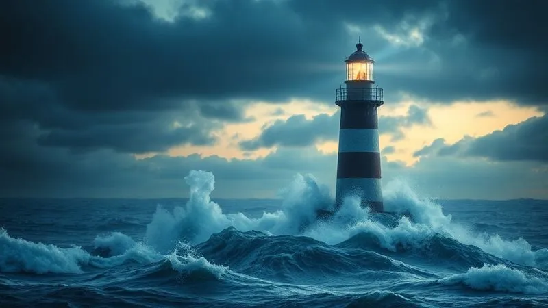 A photorealistic image of a majestic lighthouse standing firm against a dramatic, stormy sea at dusk, its powerful beam cutting through the darkness. The lighthouse symbolizes guidance, stability, and a beacon of expertise in a challenging environment. Cinematic lighting, sharp focus on the lighthouse, depth of field blurring the tumultuous waves, 8K hyper-detailed, shot on a high-end DSLR.