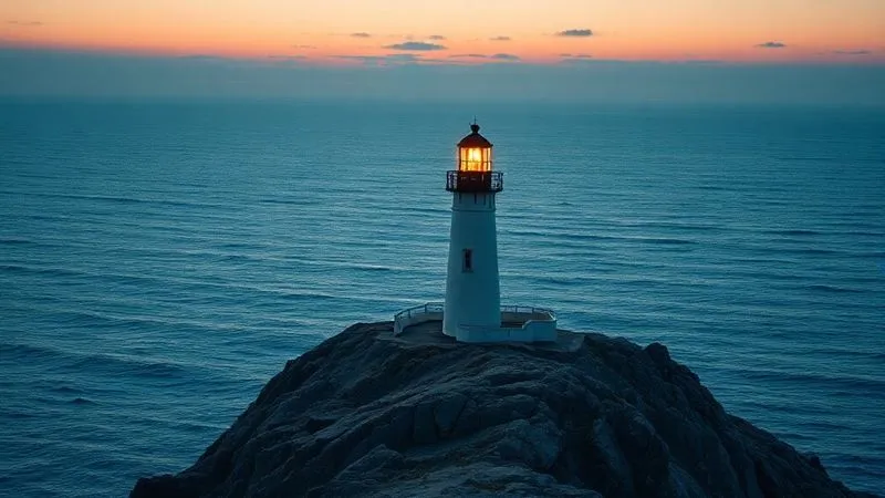A photorealistic image showing a single, illuminated lighthouse on a rugged coastline at dawn, symbolizing guidance and visibility in a vast digital ocean. Cinematic lighting, sharp focus on the lighthouse, 8K hyper-detailed, professional photography.