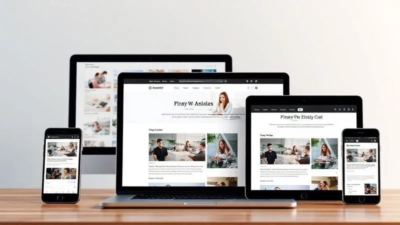 A photorealistic image of a sleek, modern website interface displayed across multiple devices (desktop, tablet, smartphone), showing a seamless user experience. The screens display a professional blog post with clear headings and engaging visuals. Cinematic lighting, sharp focus, 8K hyper-detailed, professional photography.