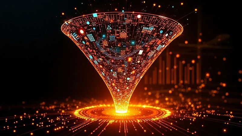 A photorealistic visualization of a digital marketing funnel, starting wide at the top with a diverse flow of internet traffic, narrowing down to a focused stream of high-quality leads at the bottom. The funnel is composed of glowing data points and lines, set against a dark, futuristic background. Cinematic lighting, sharp focus, 8K hyper-detailed, professional photography.
