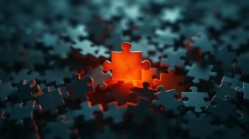 photorealistic, professional photography, 8K, cinematic lighting, sharp focus, depth of field, shot on a high-end DSLR. A single, illuminated puzzle piece, glowing brightly and intricately detailed, standing out from a pile of identical, unlit puzzle pieces in the blurred background. The illuminated piece represents a unique value proposition, highlighting differentiation and expertise.