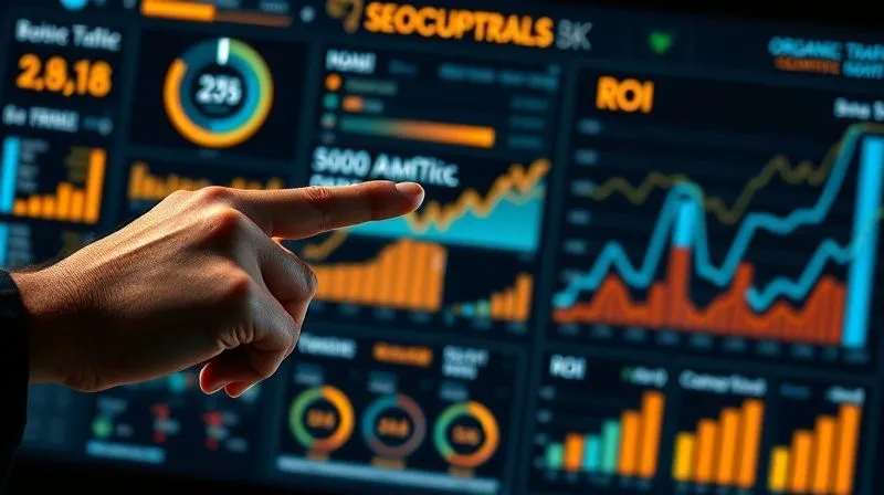 photorealistic, professional photography, 8K, cinematic lighting, sharp focus, depth of field, shot on a high-end DSLR. A glowing, intricate digital dashboard displaying various SEO metrics like organic traffic growth, conversion rates, and ROI. The numbers are clearly visible and impressive, with upward-trending graphs. A hand points confidently to a significant ROI figure. The overall impression is one of clear, measurable success and data-driven insights.